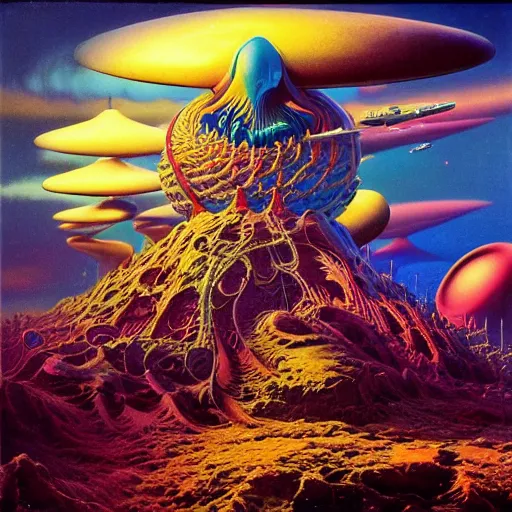 Prompt: Progressive Metal album cover in the style of Bruce Pennington and kenny scharf and mark arian, realistic, insanely detailed, soft, smooth, airbrush, play-doh, wet, slimy