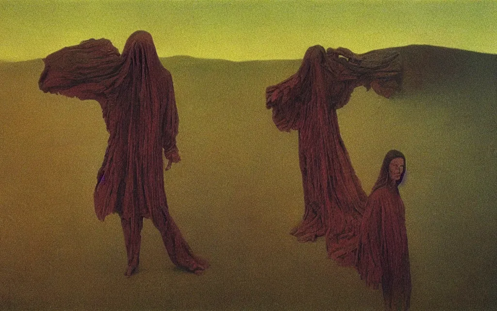 Prompt: colorized movie still from haxan, oil painting by zdzisław beksinski, iridescent color palette chromatic aberration