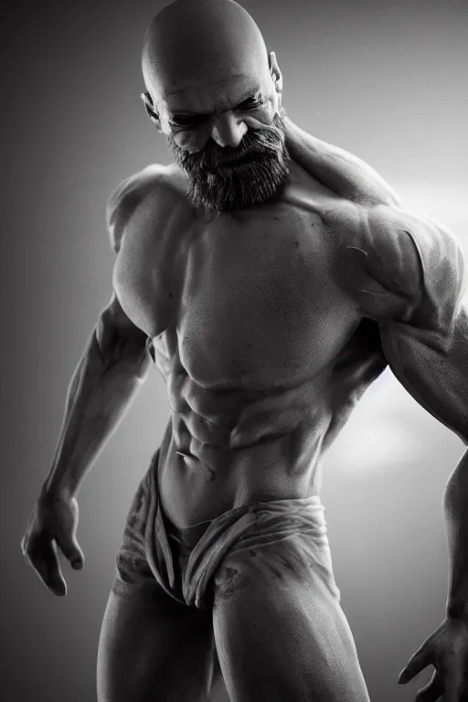 Prompt: a single muscular man wearing torn clothes, looking to the right, profile picture, hyperrealistic, concept art, octane render, unreal engine 5, trending on artstation, high quality, highly detailed, 8 k, dramatic lighting, cinematic, high coherence, anatomically correct, five fingers, digital art, seductive, black and white, big beard, epic