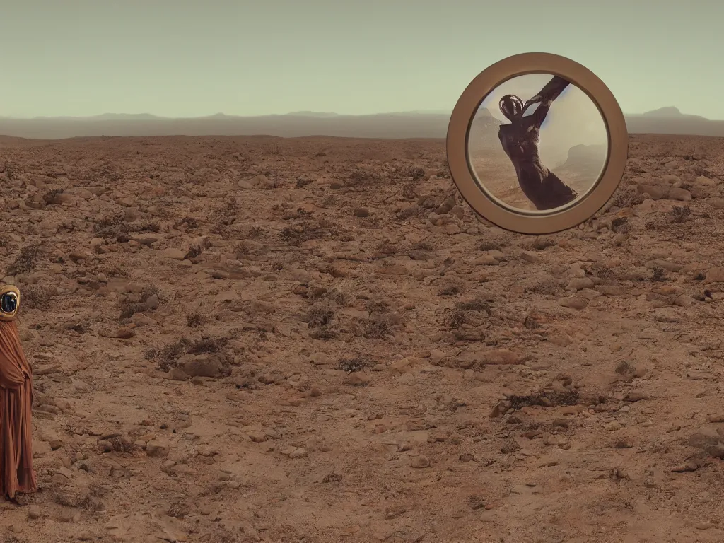 Image similar to levitating glowing bene gesserit in full - face golden mask and glowing eyes in a dry rocky desert landscape, sunny atmosphere, fata morgana giant mirrors, portal, death stranding, spaceship in the sky by christopher doyle and alejandro jodorowsky, anamorphic lens, kodakchrome, cinematic composition, very detailed photo, complex structures, 8 k,