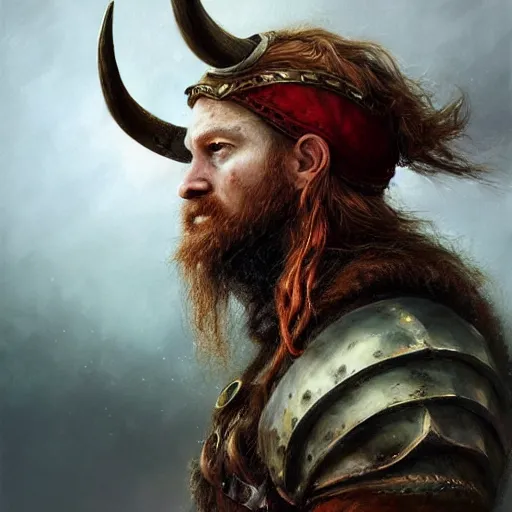 Image similar to photorealistic painting of Viking captain, helmet with horns, red long beard, long dark blonde curly hairs, green eyes Viking armor, background rough sea, elegant, painting, style of ruan jia, trending on artwork station, digital painting, sharp focus