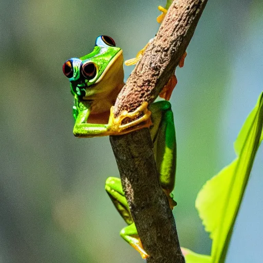Prompt: green - eyed frog, eating dragonflies in the sky, sunny day, golden hour,