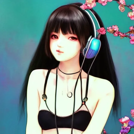 Image similar to realistic beautiful gorgeous natural cute Blackpink Lalisa Manoban black hair fur black cat ears, wearing white camisole summer outfit, headphones, black leather choker, tonemapping artwork drawn full HD 4K highest quality in artstyle by professional artists WLOP, Ayami Kojima, Aztodio, Alphonse Mucha, Taejune Kim, Guweiz on Pixiv Instagram Artstation