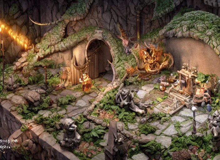 Prompt: detailed octane render of a claymation isometric diorama of moria, balrog, gandalf, detailed, by joop geesink, wes anderson, jim henson, brian froud, breathtaking, 8 k resolution, beautiful lighting, studio light, extremely detailed, establishing shot, realistic materials, hyperrealistic