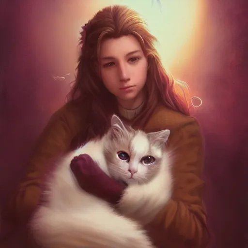 Image similar to Aerith Gainsborough holding a cat portrait, atmospheric lighting, painted, intricate, volumetric lighting, beautiful, rich deep colors masterpiece, golden hour, sharp focus, ultra detailed, by Leesha Hannigan, Ross Tran, Thierry Doizon, Kai Carpenter,Ignacio Fernández Ríos