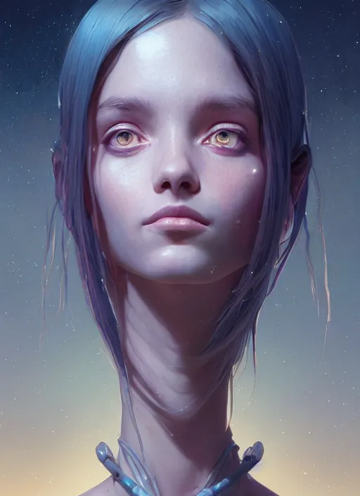 Image similar to highly detailed portrait of an alien girl, stephen bliss, unreal engine, fantasy art by greg rutkowski, loish, rhads, ferdinand knab, makoto shinkai and lois van baarle, ilya kuvshinov, rossdraws, tom bagshaw, alphonse mucha, global illumination, radiant light, detailed and intricate environment