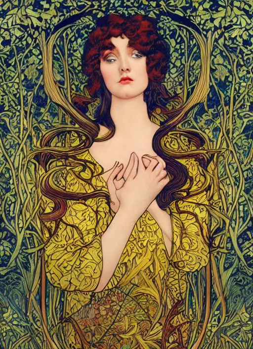 Image similar to masterpiece beautiful seductive flowing curves pinup pose preraphaelite face portrait photography, extreme close up shot, straight bangs, thick set features, yellow ochre ornate medieval dress, kay nielsen, amongst foliage mushroom forest circle arch, william morris and kilian eng and mucha, framed, 4 k