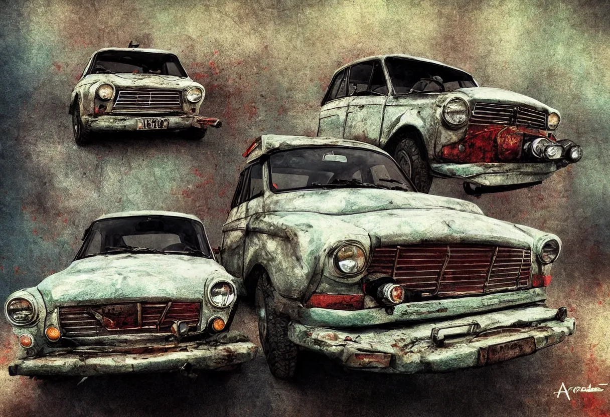 Prompt: old trabant as soviet times, aesthetic art, 8 k, high details, digital painting, concept art, matte painting, art by arstation and mimmo rottela, pixels art by paul robertson