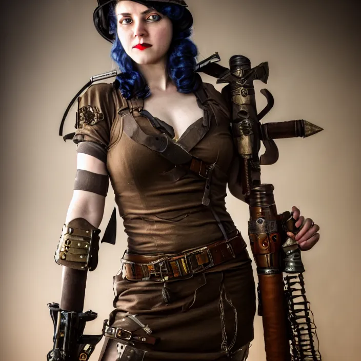 Image similar to full length photo of a very beautiful female dieselpunk warrior with weapons, 8 k, hdr, smooth, sharp focus, high resolution, award - winning photo