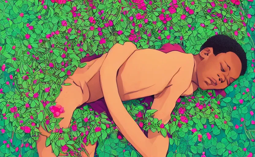 Image similar to african boy lying down in a colourful garden - wrapped in flower vines, art by james jean & hsiao - ron cheng, colourful, sharp, detailed, digital painting, illustration, intricate detail, pinterest, behance, art station,