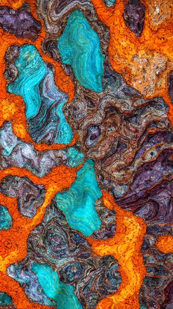 Prompt: vivid color, folded, tessellated planes of rock, alien sedimentary schematic, igneous rock, marbled veins, macro photography, 3D!!! diorama, depth of field with a patina of inlaid circuitry, layers of strata, mineral grains, dramatic lighting, rock texture, sand by James jean, geology, octane render in the style of Luis García Mozos