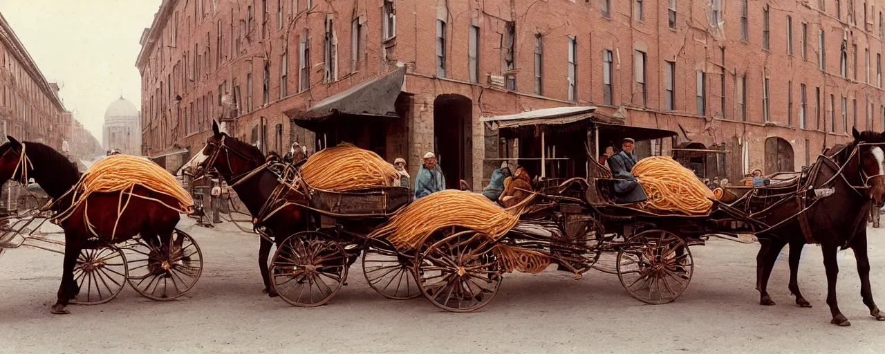 Prompt: 1 8 0 0 s horse drawn carriage carrying piles of spaghetti to a factory, daguerreotype, ultra - realistic faces, fine detail, anon 5 0 mm, wes anderson, kodachrome, retro