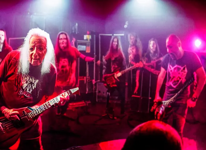 Image similar to publicity photo still of bob barker in a death metal band playing live on stage, 8 k, live concert lighting, mid shot