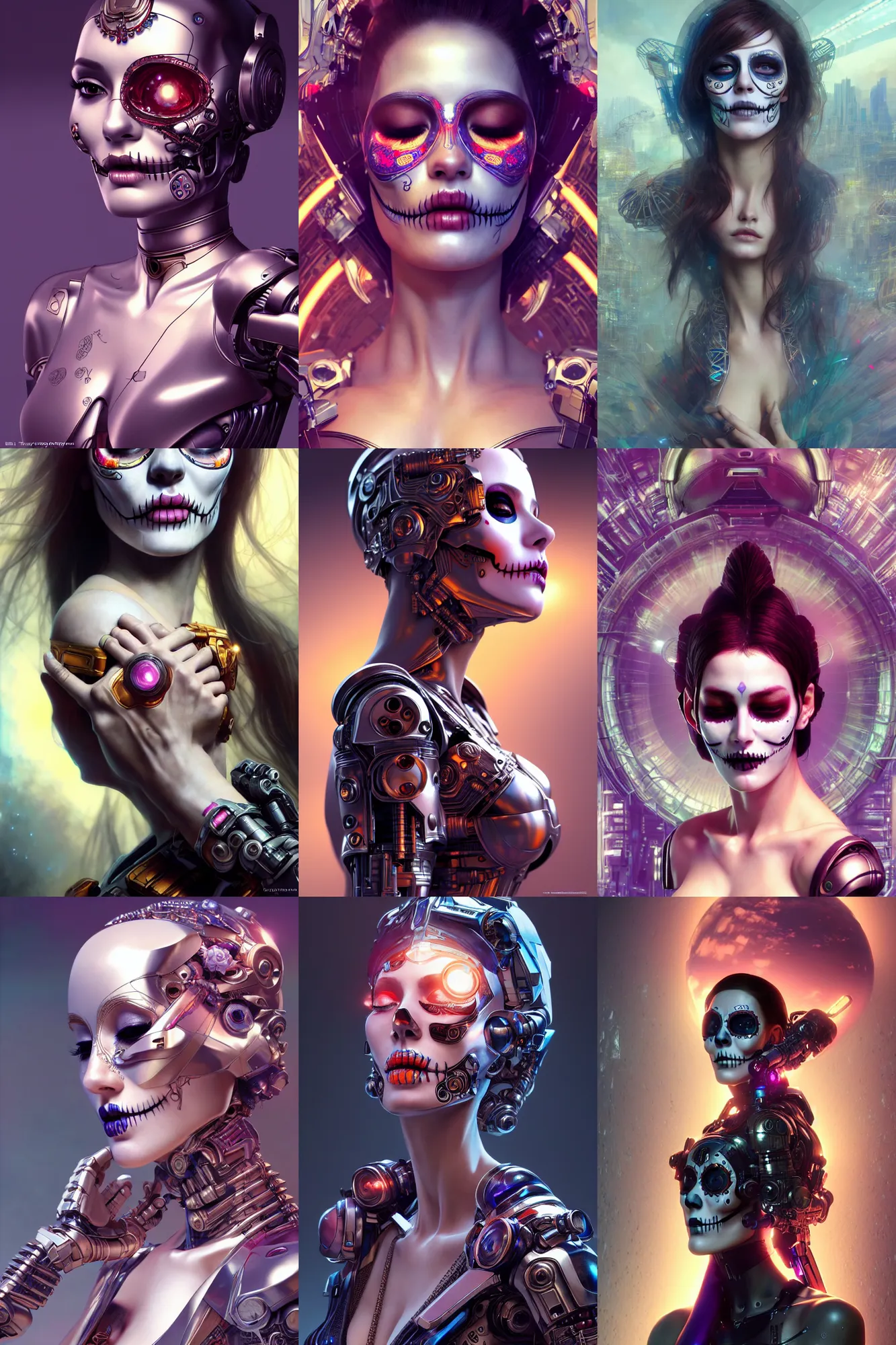 Prompt: beautiful android woman, eyes closed, photorealistic, 3 d model, cyborg, postcyberpunk, octane render, concept art, vogue, 8 k, intricate detailed environment ( ( el dia los muertos ) ). by terry oneill and artgerm and mucha