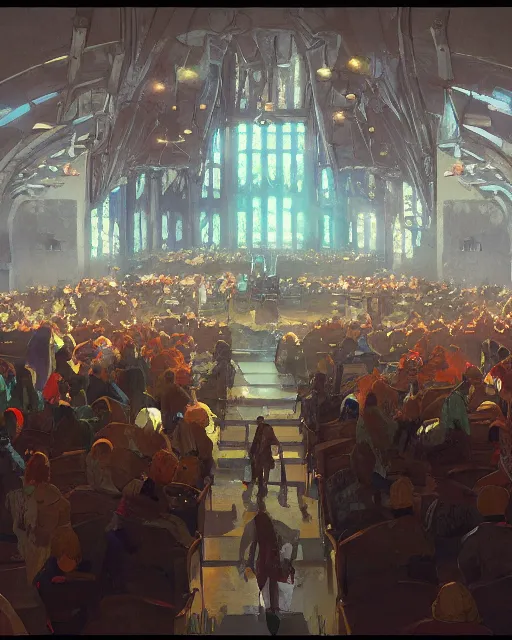 Image similar to craig mullins and ghibli digital illustration of a crowd in a futuristic church, priest, pews, ethereal, inviting, bright, unreal engine, hyper realism, realistic shading, cinematic composition, realistic render, octane render, detailed textures, photorealistic, wide shot