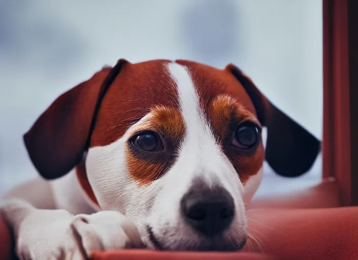 Image similar to photography of a Jack Russel . watching outside the window. on a bed. in a 70's room full of vinyls and posters, photorealistic, award winning photo, 100mm, sharp, high res