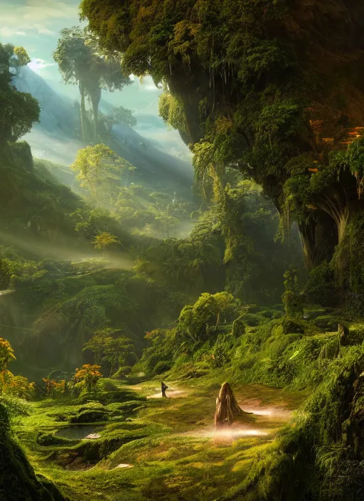 Image similar to the silhouette of a flying fairy in the distance of a lord of the rings scenery landscape, a vast lush valley flowers and wooden structures, stream, sunrise, god's rays highly detailed, vivid color, cinematic lighting, perfect composition, 8 k, gustave dore, derek zabrocki, greg rutkowski, belsinski, octane render