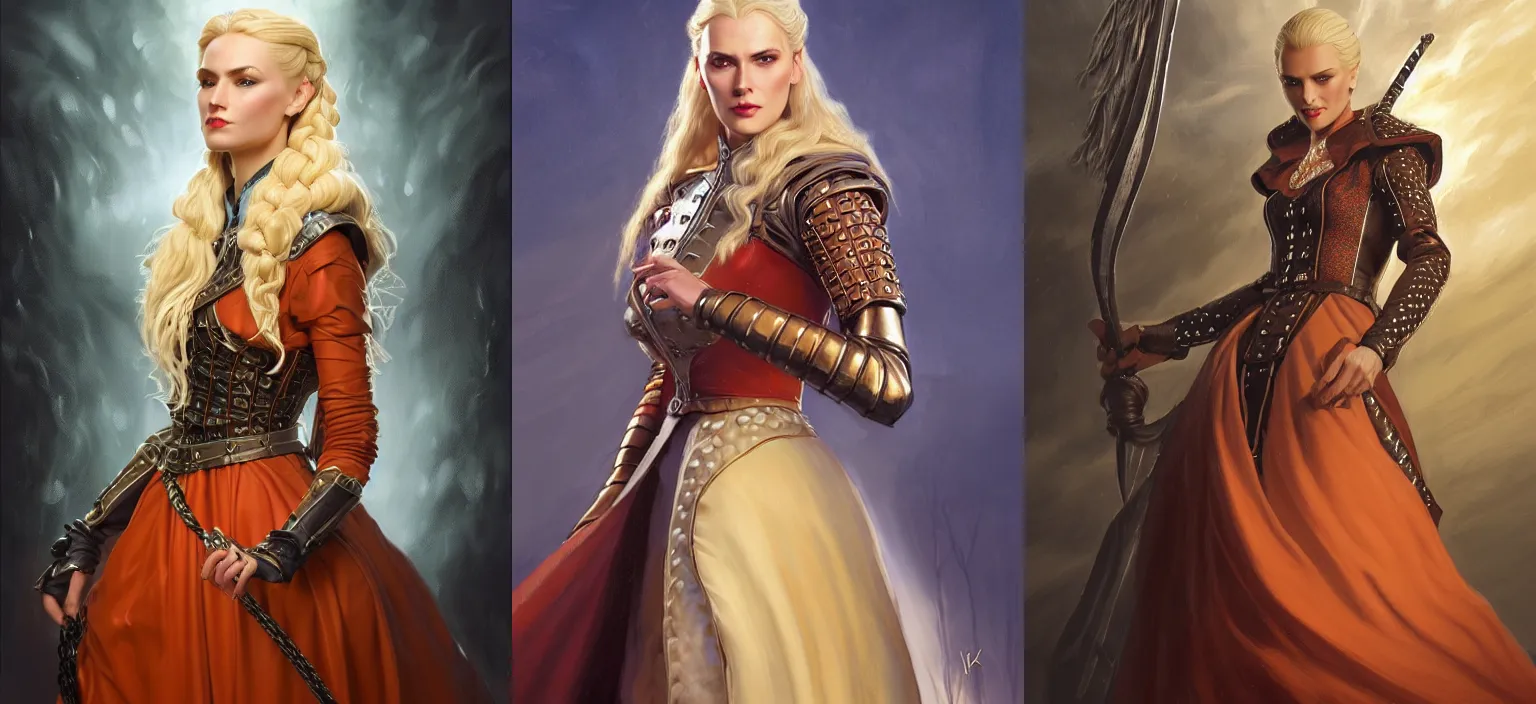Prompt: a serious tall woman wearing a glossy checkered dress shaped like a chess piece, aquiline nose, blonde braided hair. fantasy concept art. moody epic painting by jc leyendecker, and thomas kinkade. artstationhq. oil painting, realistic bosomy woman, orange rimlights, angular structure ( dragon age, witcher 3, lotr )