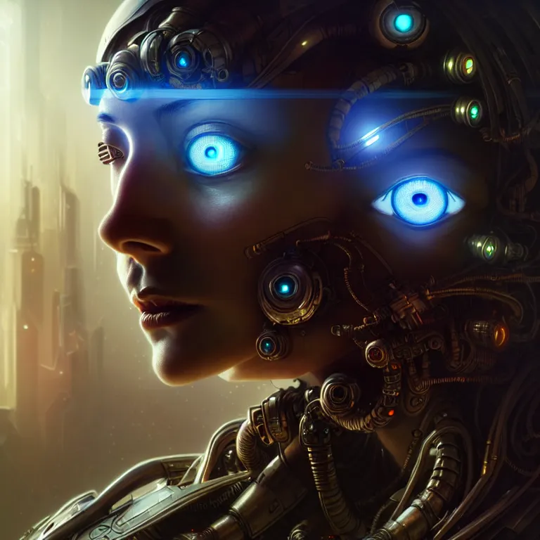 Prompt: ultra realistic beautiful cyborg deity eyes closed, scifi, cyberpunk, fantasy, intricate details, movie still, highly detailed, photorealistic, octane render, eerie, 8k, art by artgerm and alphonse mucha and greg rutkowski