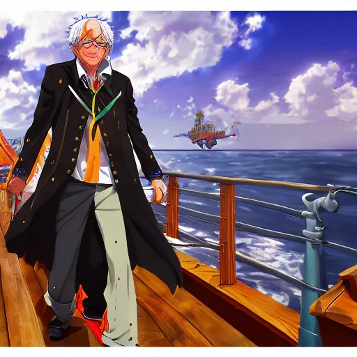 Prompt: bernie sanders as a shonen protagonist standing on the deck of a pirate ship, eye patch, colorful parrot, anime style, intricate, highly detailed, digital painting, artstation, concept art, 4 k