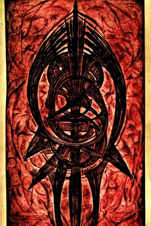 Image similar to masterpiece, symmetrical occult summoning sigil calligraphy, old stained paper texture, elegant crimson and black ink linework, by leonardo da vinci, h. r. giger, biomechanical, alchemy, monogram