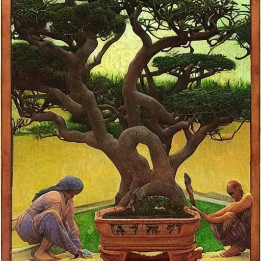 Image similar to Old African gardener cutting bonsai trees, isyllic Garden, by Annie Swynnerton and Nicholas Roerich and jean delville, glowing paper lanterns, strong dramatic cinematic lighting , ornate tiled architecture, lost civilizations, smooth, sharp focus, extremely detailed