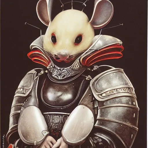 Image similar to an anthropomorphic white mouse samurai wearing armor by Eiko Ishioka cinematic concept painting by brian froud and hr giger