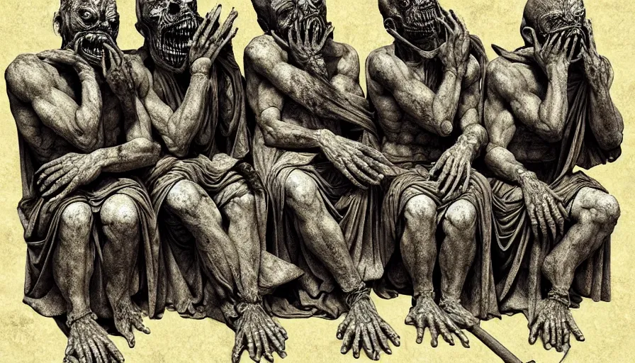 Prompt: highly detailed three wise dark rotting god sit on the trons, see no evil, hear no evil, speak no evil, anime, night, death, fear, horror, religion, monochrome, by caravaggio, hyperrealism, detailed and intricate environment