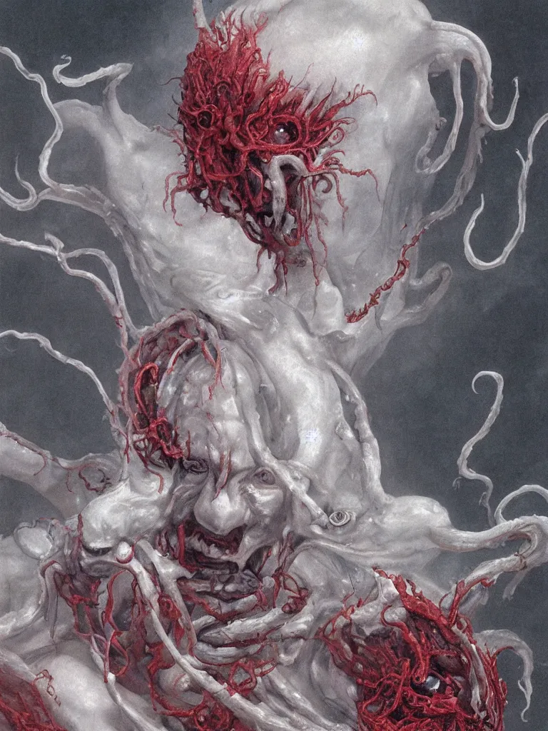 Image similar to painting by wayne barlowe of a flying sorrowful looking severed human head with tears running down it's eyes, face that is chalk white in color, with long sprawling white tentacles stemming down it's neck, fiery scorching red eyes, flying in a terrying hellish dark cavernous place