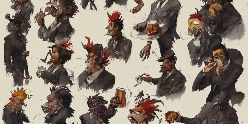 Image similar to cartoonish many sides of nick cave eating dinner, vivid colors, character sheet, fine details, concept design, contrast, kim jung gi, greg rutkowski, trending on artstation, 8 k, full body, turnaround, front view, back view, ultra wide angle