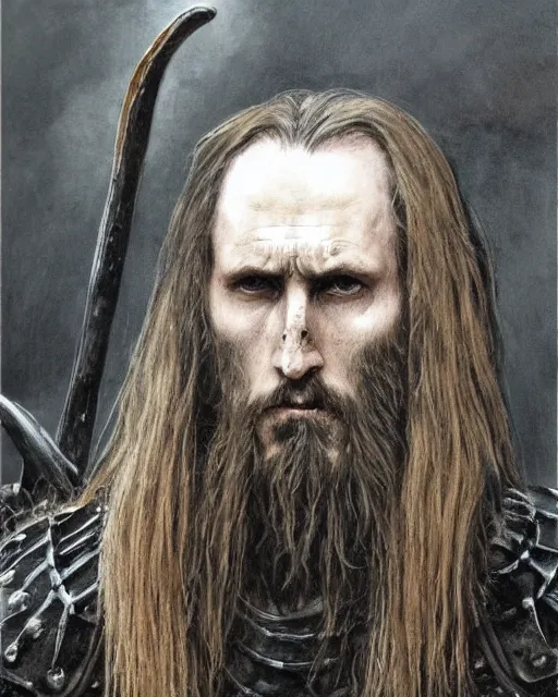 Image similar to realistic HD high detail portrait of !Kristian Elvind Espedal! aka !Gaahl! portrayed as a fearsome High Medieval High Fantasy blackguard. face and body. clad in black steel plate armour. wielding a two-handed battle-axe. in the style of Angus McBride, Jeffrey Catherine Jones, Michael Whelan, and Jeff Easley.