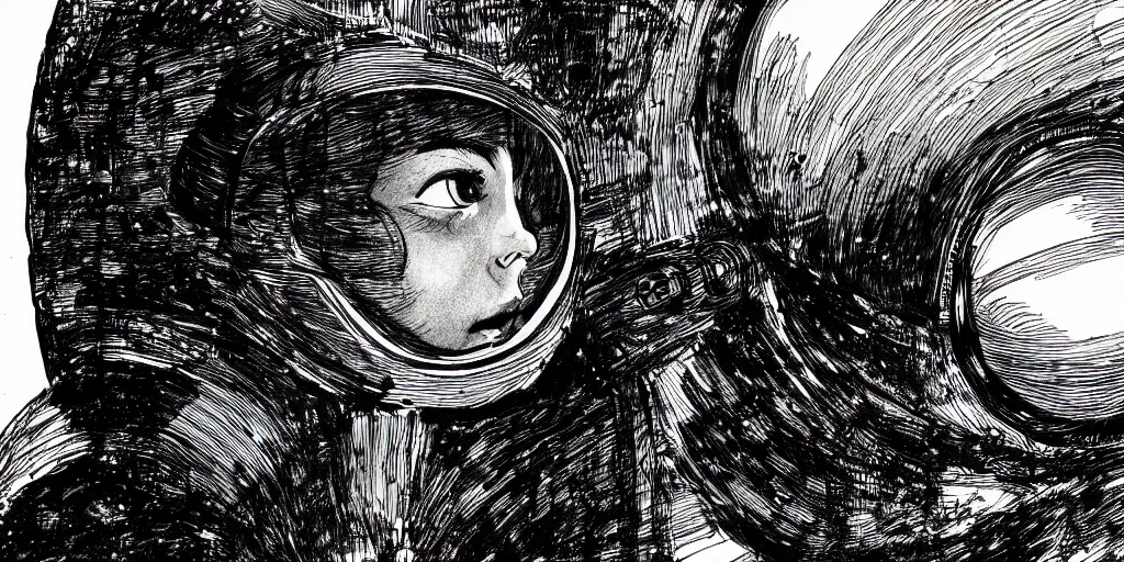 Image similar to ink lineart drawing portrait of a woman wearing a space helmet, closeup of her eyes, space background, artstation, etchings by goya, chinese brush pen, illustration, high contrast, deep black tones contour