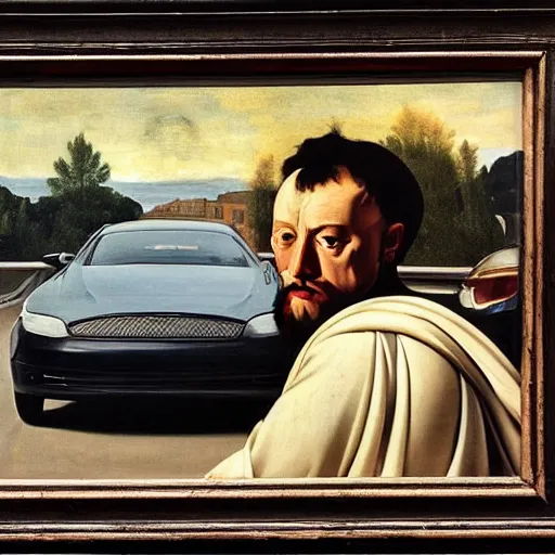 Image similar to a man in his car queuing in traffic, painted by caravaggio