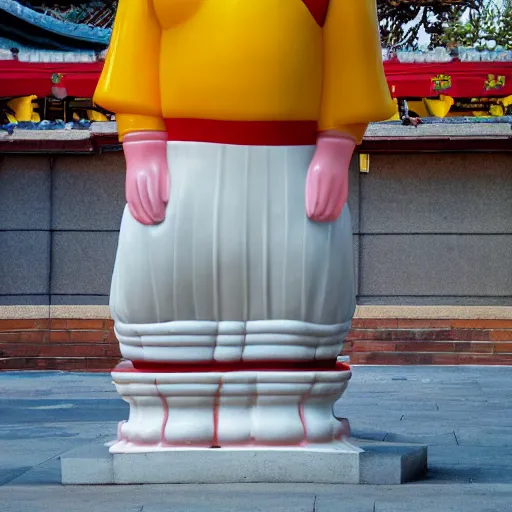 Image similar to ronald mcdonald contemplating the dawn of a new day inside an asian temple