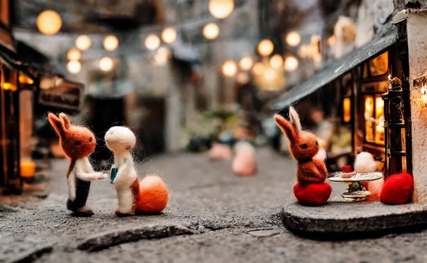 Image similar to miniature cafe diorama, macro photography, cafe with felted bunnies on a date, alleyway, ambient, atmospheric, british, cozy, bokeh, romantic, colorful lanterns