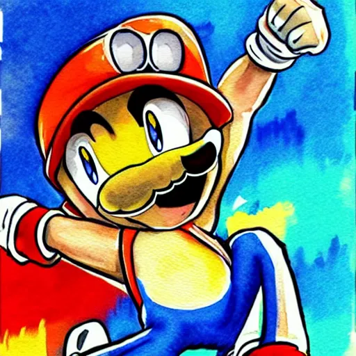 Image similar to Sonic in the style of Mario, with a mustache, beautiful watercolor art drawing, in the style of artist Simon Stalenhag s-90 - C 7