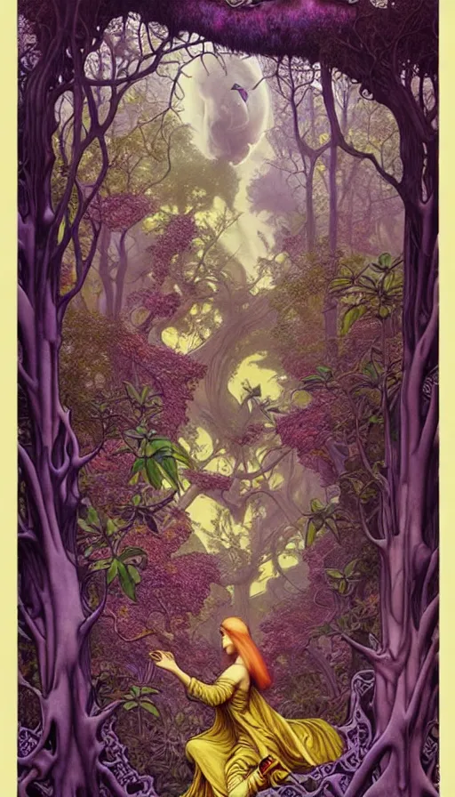 Prompt: M. C. Escher time machine, lush forest painted by tom bagshaw, mobius, mucha M. C. Escher, gold paint, ink, purple hummingbirds, gnarly details