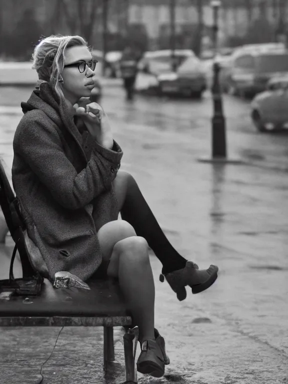 Prompt: Scarlett Johansson, lonely, wearing eyeglasses, waiting at the bus stop on moody weather, rinat voligamsi