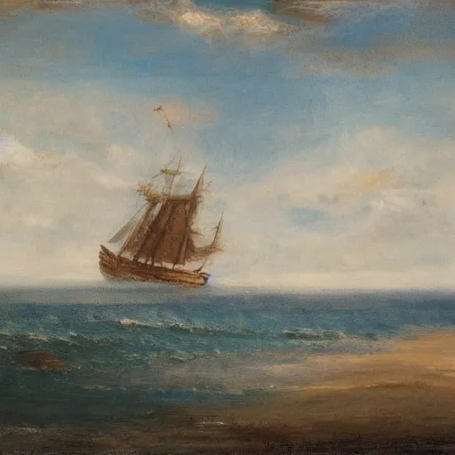 Image similar to A coast with sand and small rocks with a blue sky and a troubled sea and an old sailing ship on the horizon and in the sky is a flock of birds flying southwards, painted in oil colours