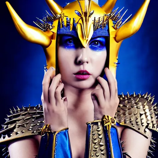 Image similar to a woman in elaborate blue and gold bikini armor with spiked horns on her helmet, cosplay, photoshoot, photograph by Zhang Jingna