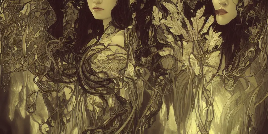 Image similar to scary plant people by artgerm, ominous nightmare, intense lighting, light beams, lens flare, intricate tendrils by alphonse mucha, elegant, highly detailed, digital painting, artstation, concept art, smooth, sharp focus, illustration, art by serpentigena and alphonse mucha