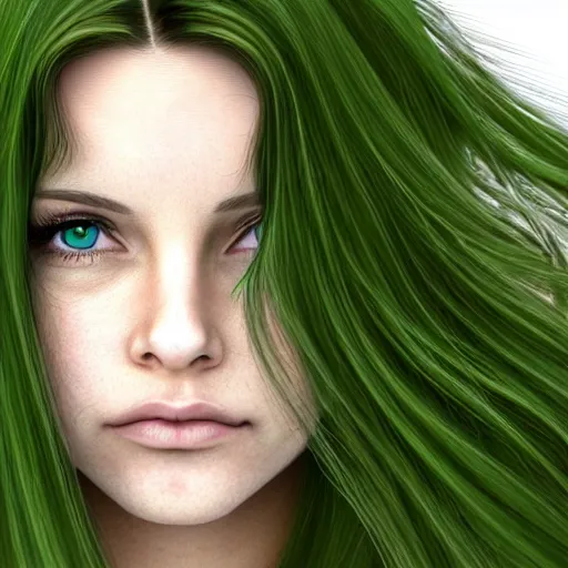 Image similar to Photo of a woman with green eyes and long hair. She is shy and she has tears in eye, long hair, photo realistic, hyper realism