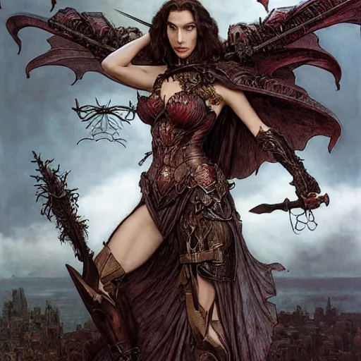 Image similar to head and shoulders portrait of an armored erinyes devil with huge bat wings, portrayed by gal gadot, d & d, fantasy, luis royo, magali villeneuve, donato giancola, wlop, krenz cushart, hans zatka, klimt, alphonse mucha