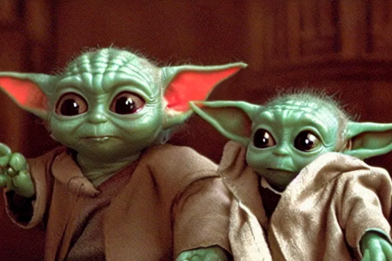 Prompt: promotional image of Baby Yoda in Harry Potter and the Philosopher's Stone (2001 film) standing in front of the Mirror of Erised and staring at his reflection, movie still, promotional image, imax 70 mm footage