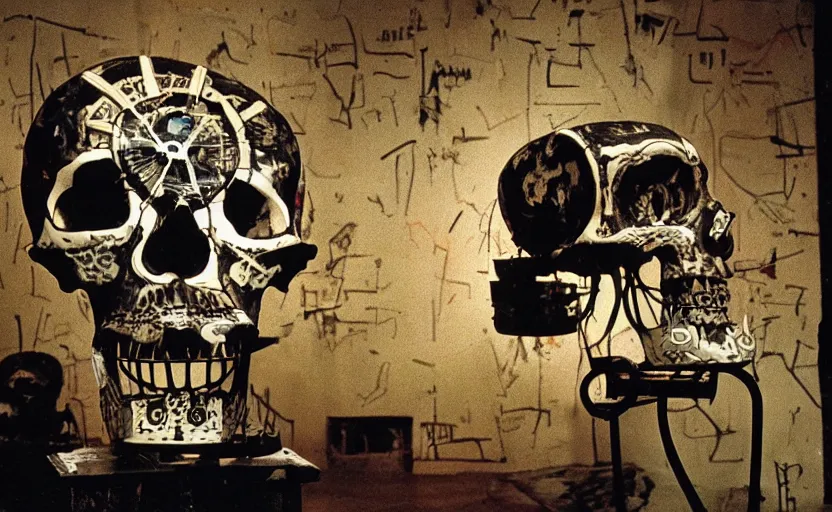 Image similar to photograph of a skull machine built by basquiat perfect composition masterpiece dramatic lighting