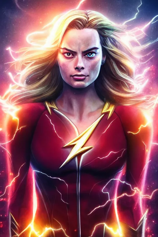 Prompt: majestic and anime key visual margot robbie female the flash, dc universe, perfect face, beautiful, intricate, epic, elegant, fantasy, highly detailed, digital painting, hard focus, beautiful volumetric lighting, epic light, ultra detailed, by leesha hannigan, ross tran, thierry doizon, kai carpenter, ignacio fernandez rios