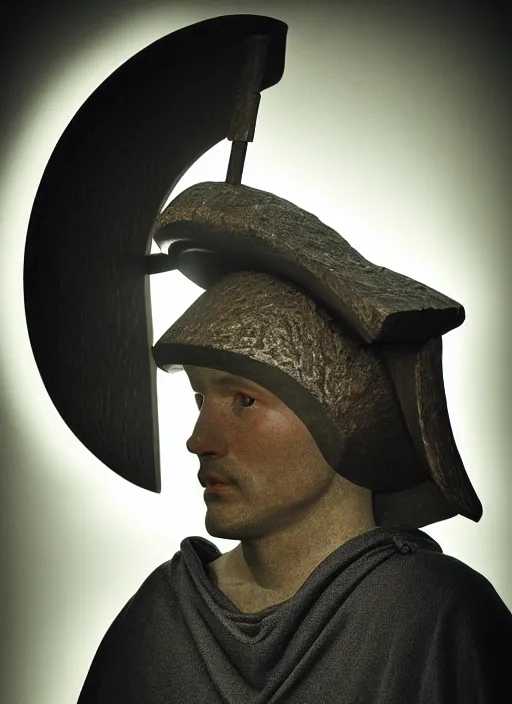 Prompt: realistic photo portrait of a a sculpture of medieval scientist ritual monk cone hat helmet made of wood, with plastic details detailed, electricity laser beam aura, sci - fi, greyscale 1 9 9 0, life magazine photo, natural colors,