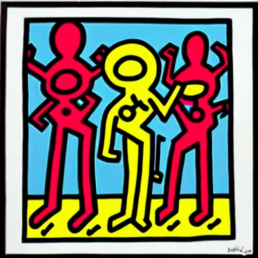Image similar to pop art stick figures, in style by keith haring