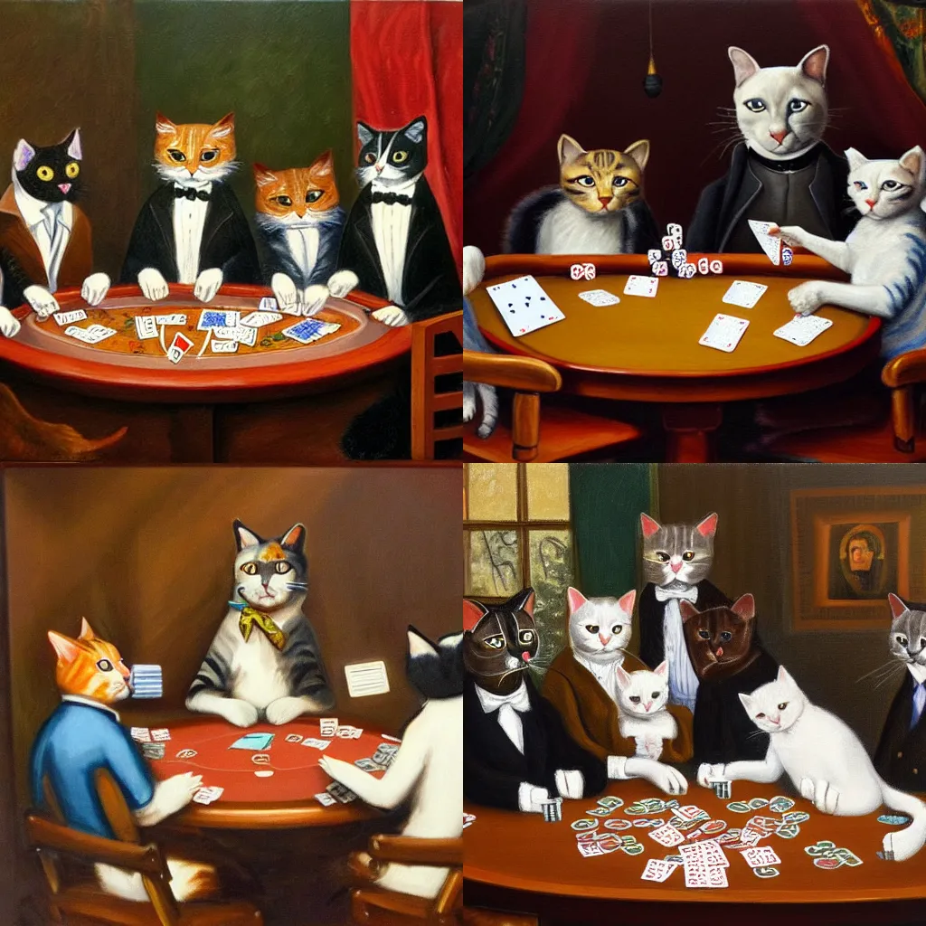 Prompt: Cats playing poker, oil painting, Cassius Marcellus Coolidge, A Friend in Need.