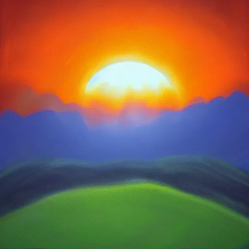 Prompt: digital painting of an orange eclipse sun rising behind hills of vibrant green with blue mist floating across them, extremely detailed, smooth, clean